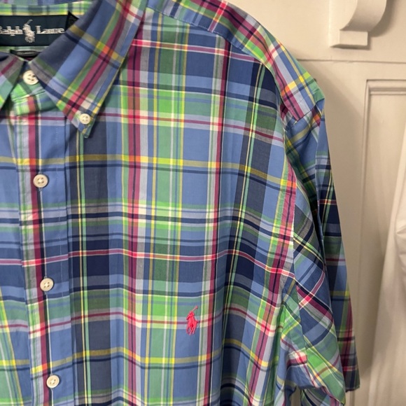 Ralph Lauren Plaid Button Down Shirt Mens XLT Blue Classic-Fit Short Sleeve - Picture 10 of 11